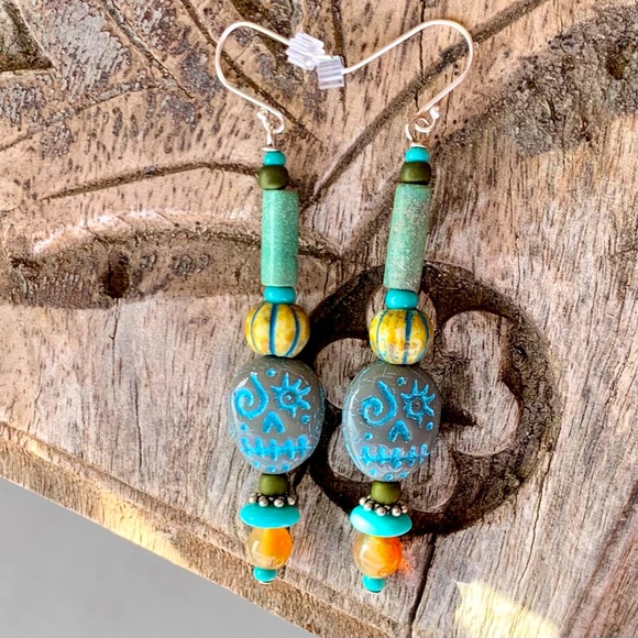 Aqua Sugar Skull Earrings - Picture 15 of 16